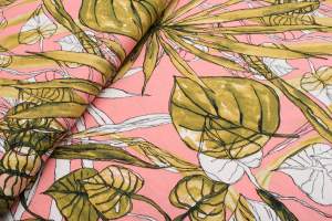 Len z wiskozą  liście / odcienie zieleni na koralowym tle