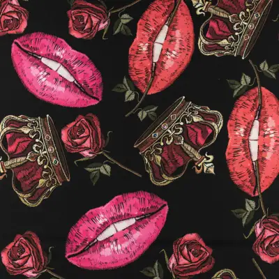 Tkanina Wiskoza Twill – wzór usta, kolor czarny