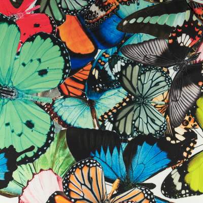 Tkanina Wiskoza Twill – wzór motyle, odcienie zielonego