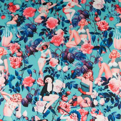 Tkanina Wiskoza Twill – wzór kwiaty, kolor niebieski