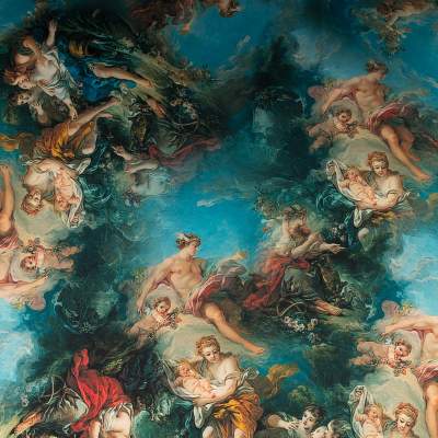 Szyfon jedwabny wzór freski renesansowe odcienie zielonego