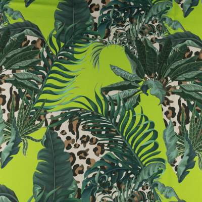 Tkanina krepa wzór egzotyczne liście kolor zielony