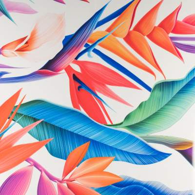 Tkanina krepa wzór kwiat strelicji kolor ecru