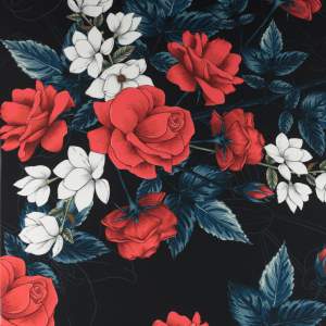 Tkanina krepa wzór róże kolor czarny