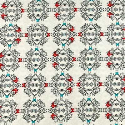 Tkanina silki wzór motylki kolor niebiesko czerwony