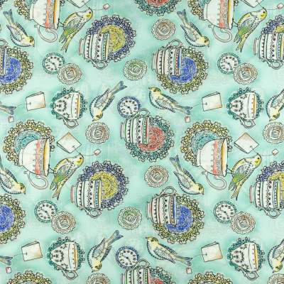 Tkanina silki wzór porcelanowe filiżanki i zegar kolor miętowy