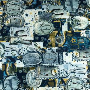 Tkanina silki wzór naszywki i łatki kolor szaro granatowy