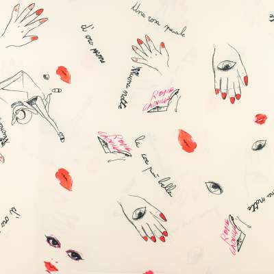 Tkanina silki wzór usta i dłonie kolor ecru