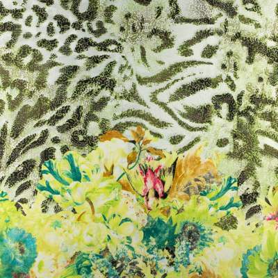 Tkanina silki wzór panterka i kwiaty kolor zielony