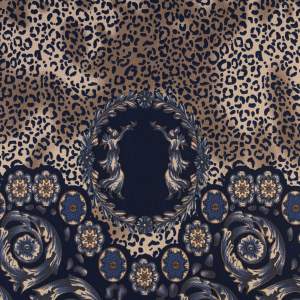 Dzianina Punto wzór ornamenty i panterka kolor granatowy