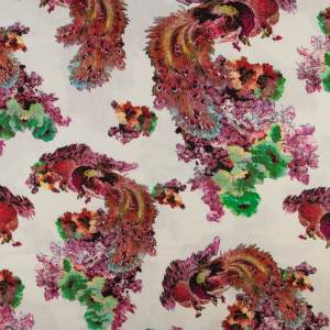 Tkanina Len wzór pawie kolor fioletowo bordowy