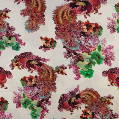 Tkanina Len wzór pawie kolor fioletowo bordowy