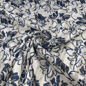 Tkanina szyfon w kwiatowe paski ze złotą nitką kolor granatowo kremowy