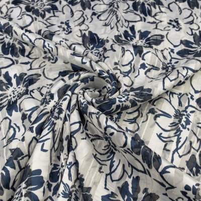 Tkanina szyfon w kwiatowe paski ze złotą nitką kolor granatowo kremowy