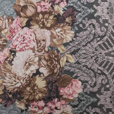 Tkanina szyfon wzór kwiaty kolor szaro brązowy