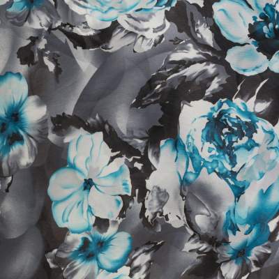 Tkanina szyfon wzór kwiaty kolor niebiesko szary