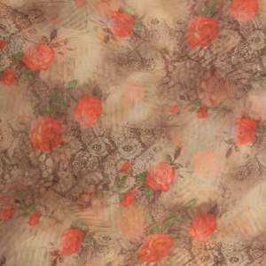 Tkanina szyfon kreszowany wzór róże kolor beżowo brązowy
