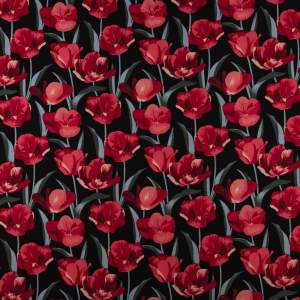 Tkanina Wiskoza – wzór tulipany, kolor czarny