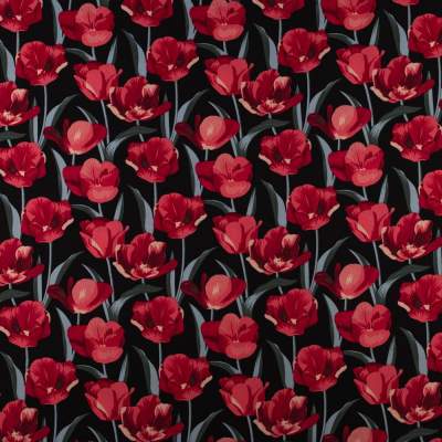 Tkanina Wiskoza – wzór tulipany, kolor czarny