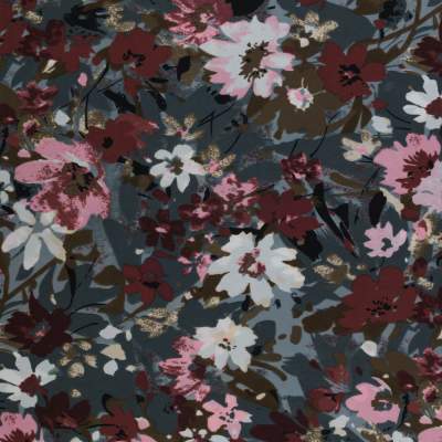 Tkanina Krepa kwiaty brązowy