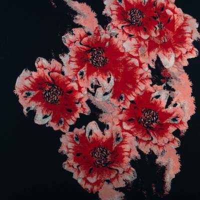 Tkanina Krepa kwiaty border dwustronny czerwony