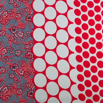Tkanina Krepa grochy i kwiaty border dwustronny czerwony