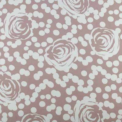 Tkanina Krepa grochy i kwiaty beżowo różowy