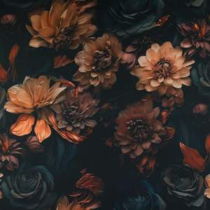 Szyfon Glamour w kwiaty pomarańczowo-czarne