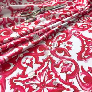 Tkanina Wiskoza Twill – wzór majolika, kolor różowy