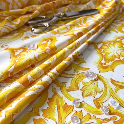 Tkanina Wiskoza Twill – wzór majolika, kolor żółty