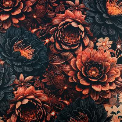 Dzianina Dresówka – wzór kwiaty, kolor pomarańczowy