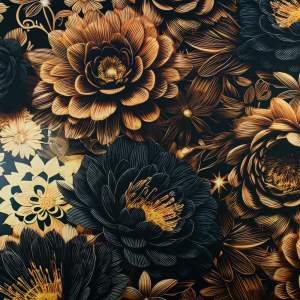 Dzianina Dresówka – żółte kwiaty, kolor czarny