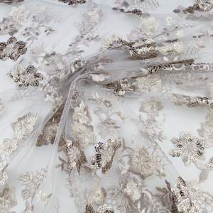 Koronka materiał w kwiaty kolor szaro beżowy