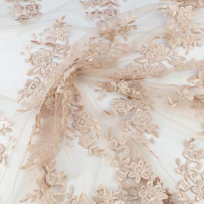 Koronka materiał w kwiaty kolor jasny karmelowy