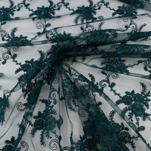 Koronka materiał w kwiaty kolor butelkowy zielony