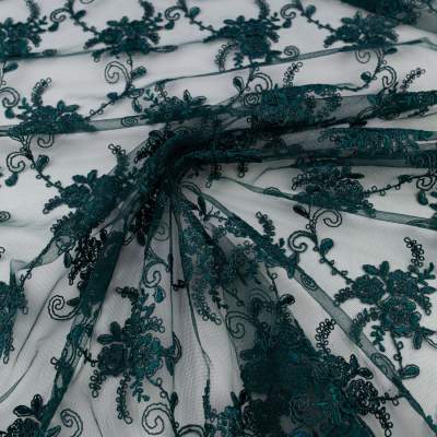 Koronka materiał w kwiaty kolor butelkowy zielony