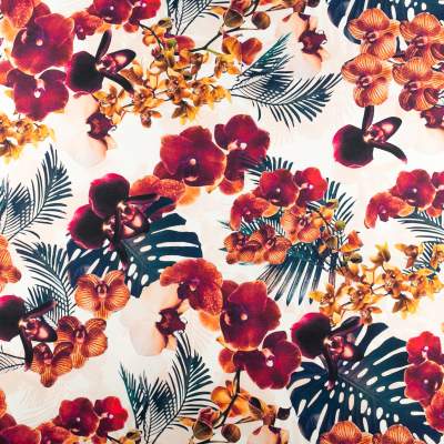 Tkanina wiskoza twill wzór orchdea kolor ecru