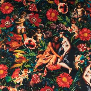 Tkanina wiskoza twill wzór kupidyn i kwiaty kolor czarny