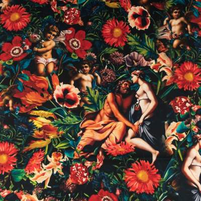 Tkanina wiskoza twill wzór kupidyn i kwiaty kolor czarny