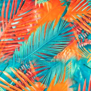 Tkanina wiskoza twill wzór liście palmy kolor czerwony