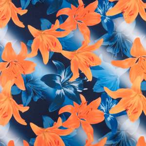 Dzianina ITY wzór kwiaty kolor niebiesko granatowy