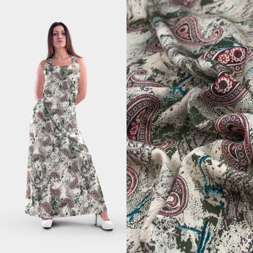 Tkanina Wiskoza wzór Paisley kolor khaki