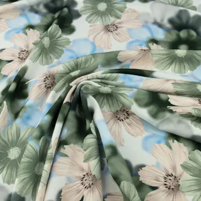 Tkanina Wiskoza twill kwiaty zielony - materiał na sukienki i spódnice