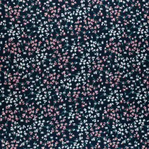 Granatowa tkanina krepa w drobną kwiatową łączkę (ditsy floral)