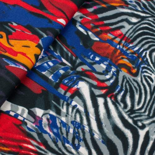 Dzianina swetrowa wzór zebra i kolorowe łaty