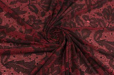 Koronka siatka elastyczna flok kwiaty kolor czerwony / czarny