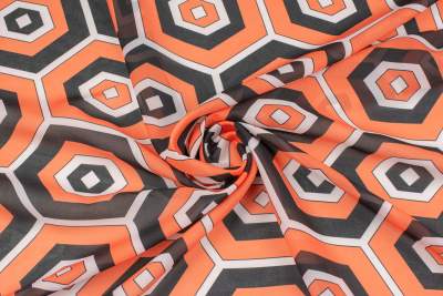 Tkanina szyfon wzór geometryczny czarny i pomarańczowy
