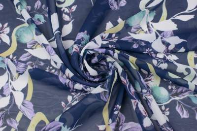 Tkanina szyfon wzór kwiat na granatowym tle