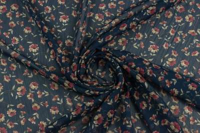 Tkanina szyfon wzór łączka kwiatowa na granatowym tle