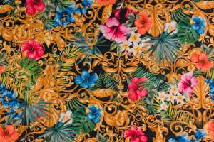 Tkanina szyfon wzór włoski kolorowe kwiaty i złoty